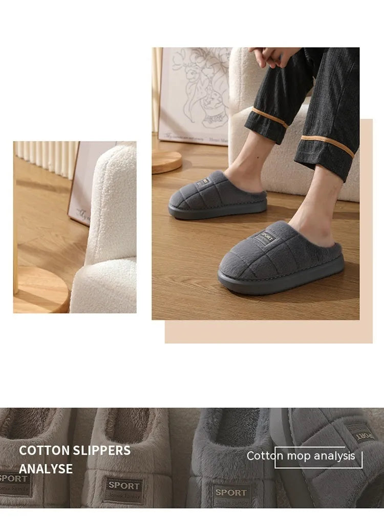 Men's plaid rabbit hair slippers with thick EVA sole and artificial wool lining in brown colour.