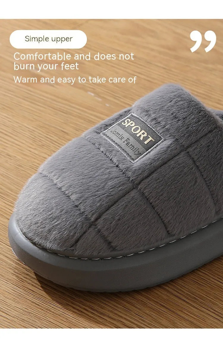 Men's plaid rabbit hair slippers with thick EVA sole and artificial wool lining in brown colour.