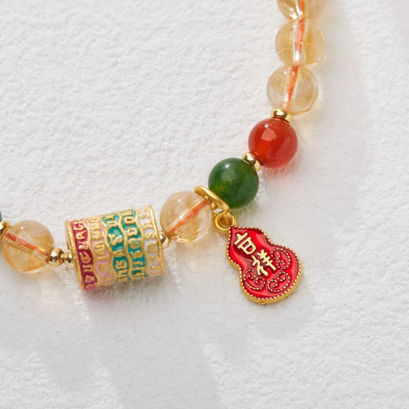 Hand-woven citrine five sutra crystal bracelet with 6mm beads and geometric pattern