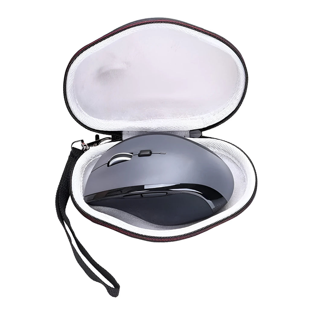 Black Logitech M720 mouse protection case with internal grey lining, showing compact storage design