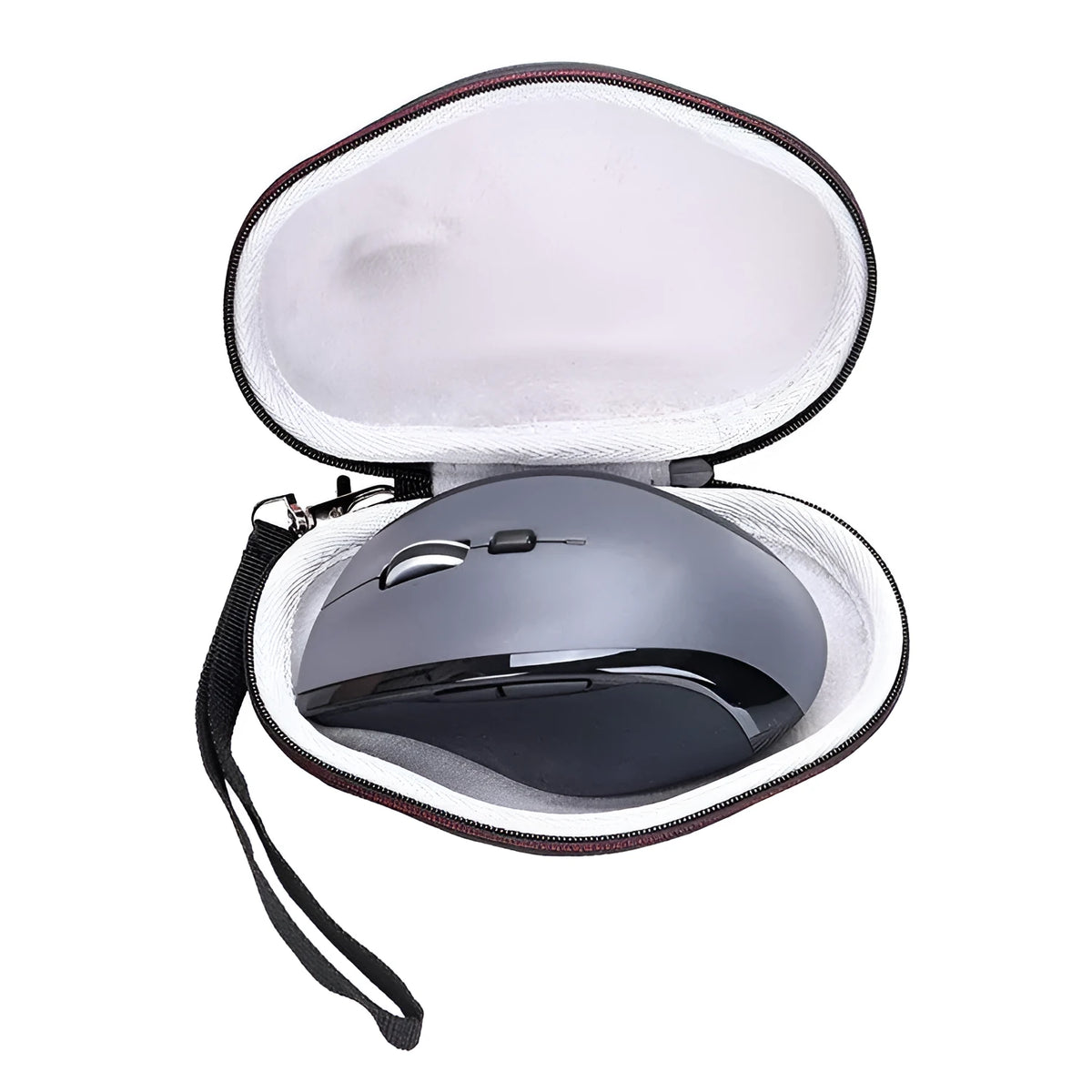 Black Logitech M720 mouse protection case with internal grey lining, showing compact storage design