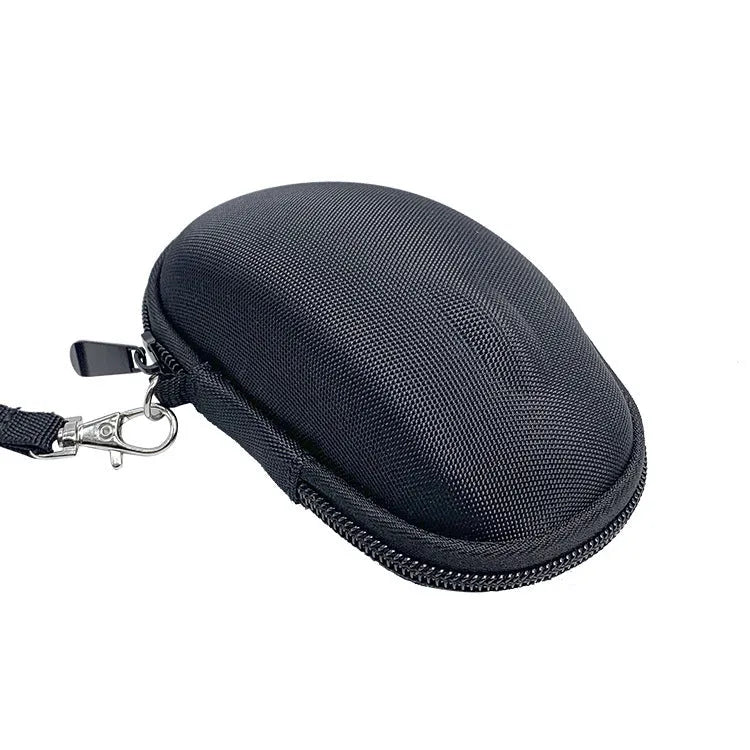 Black Logitech M720 mouse protection case with internal grey lining, showing compact storage design