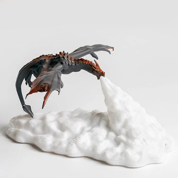 3D-printed red fire-breathing dragon decorative night light on a table