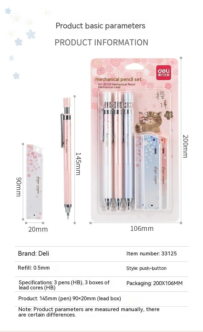 Cartoon automatic pencil set with three 0.5mm pens and HB refill boxes