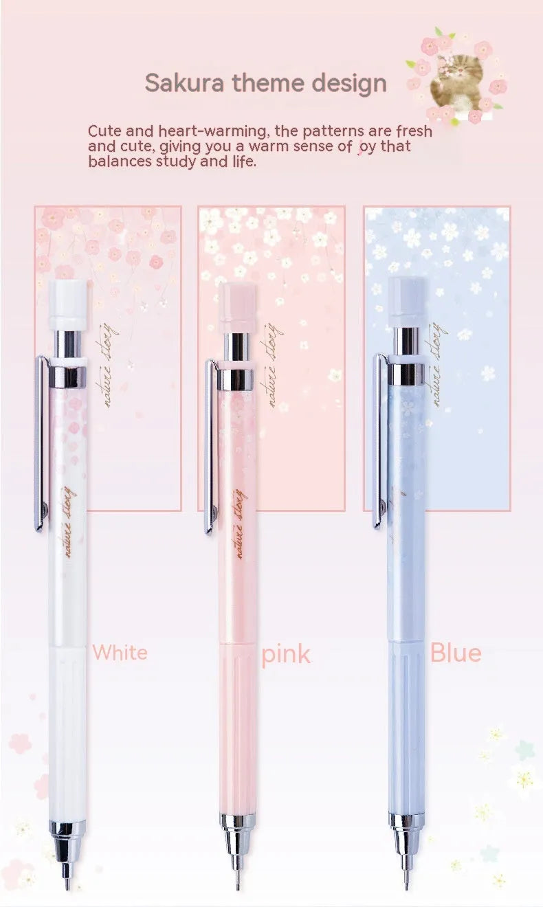 Cartoon automatic pencil set with three 0.5mm pens and HB refill boxes