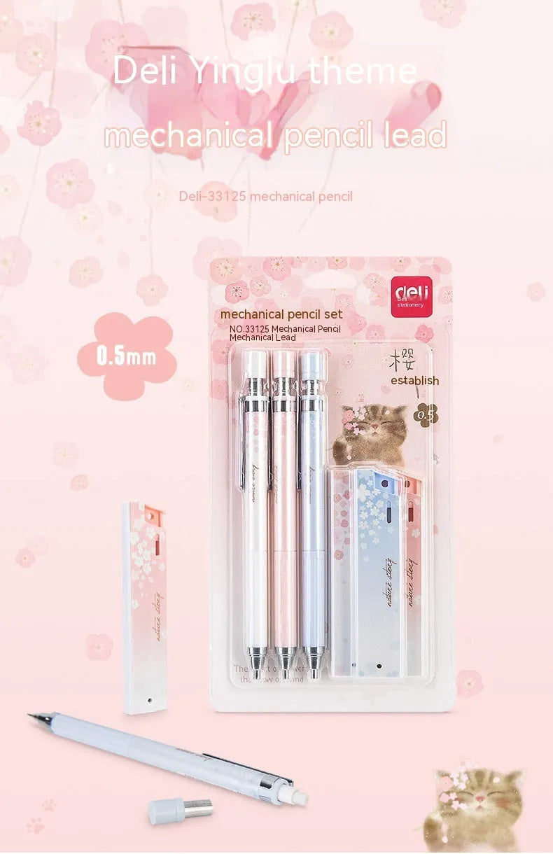 Cartoon automatic pencil set with three 0.5mm pens and HB refill boxes