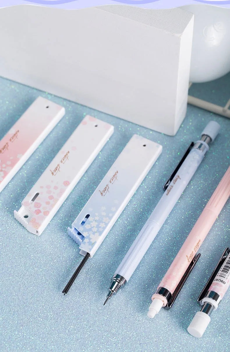 Cartoon automatic pencil set with three 0.5mm pens and HB refill boxes