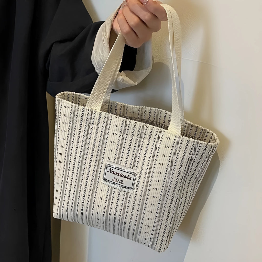 Japanese style large capacity corduroy handbag in ivory white, grey, or dark brown.