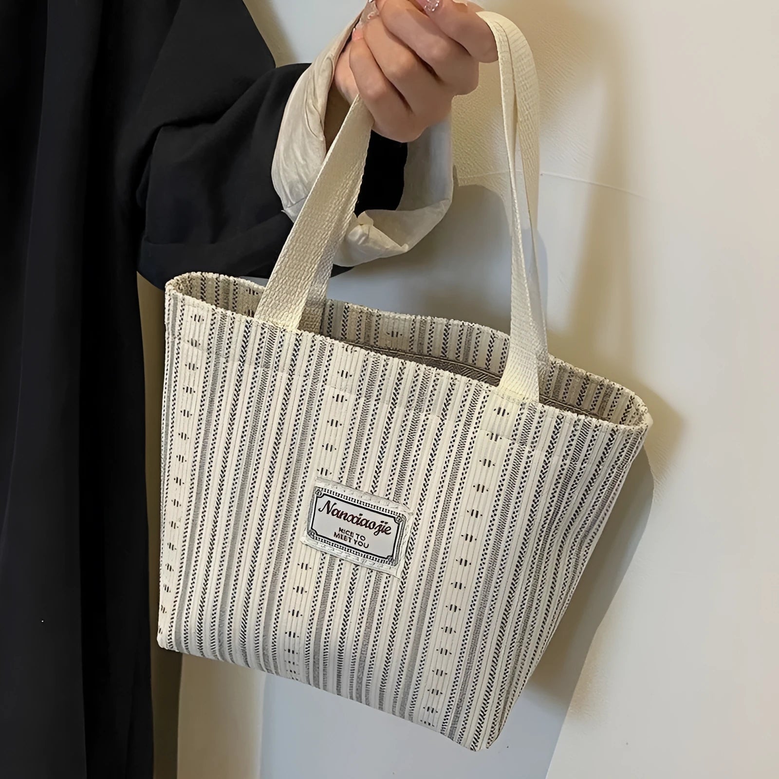 Japanese style large capacity corduroy handbag in ivory white, grey, or dark brown.