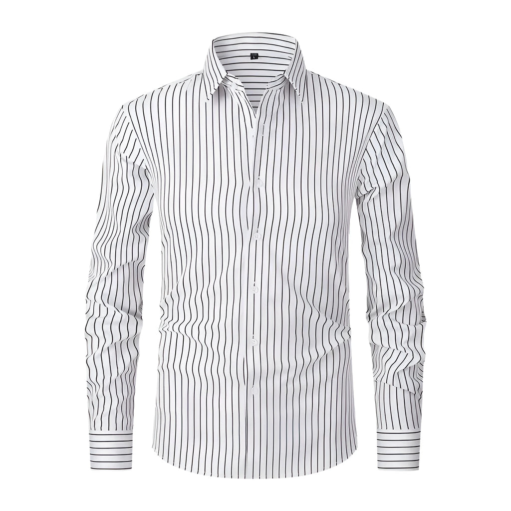 Men's striped business formal long sleeve shirt in polyester blend fabric with slim fit cardigan style