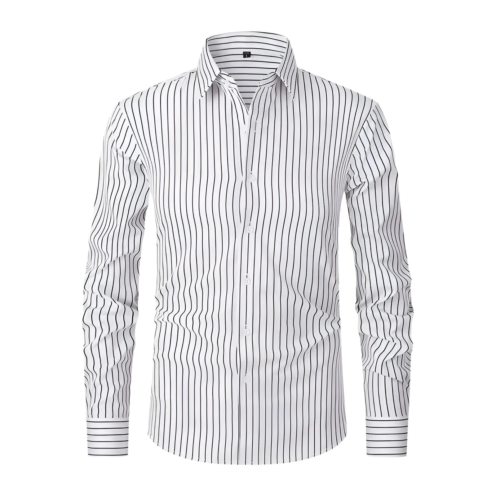 Men's striped business formal long sleeve shirt in polyester blend fabric with slim fit cardigan style