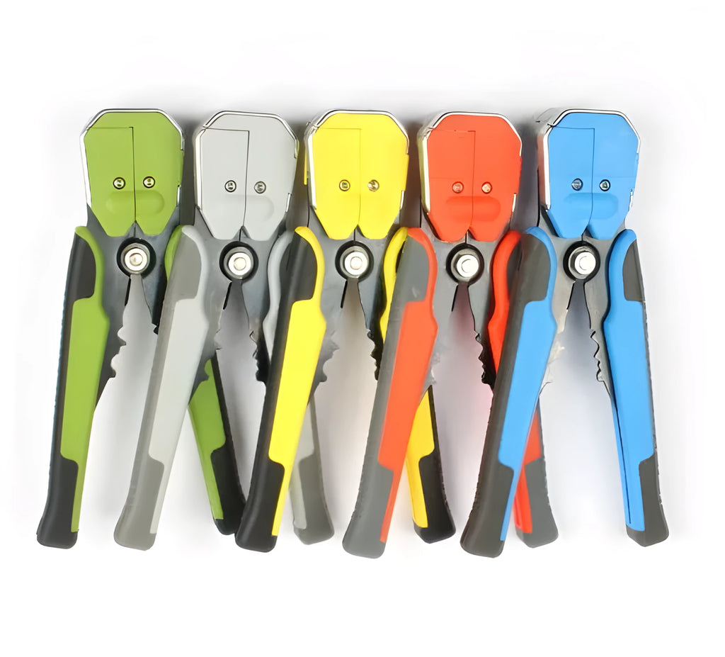 Yellow automatic wire stripper and crimping multitool with adjustment screw for electrical work