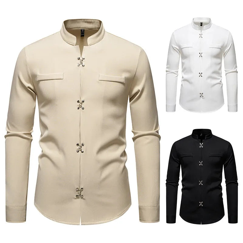 Men's long-sleeved slim-fit cardigan shirt in black polyester – front view