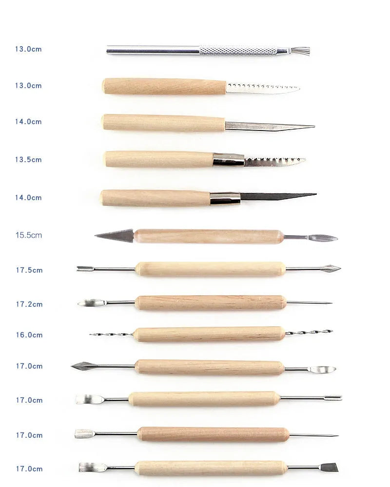 27-piece brown pottery clay tool set with rolling pin and stainless steel tools in an OPP bag.