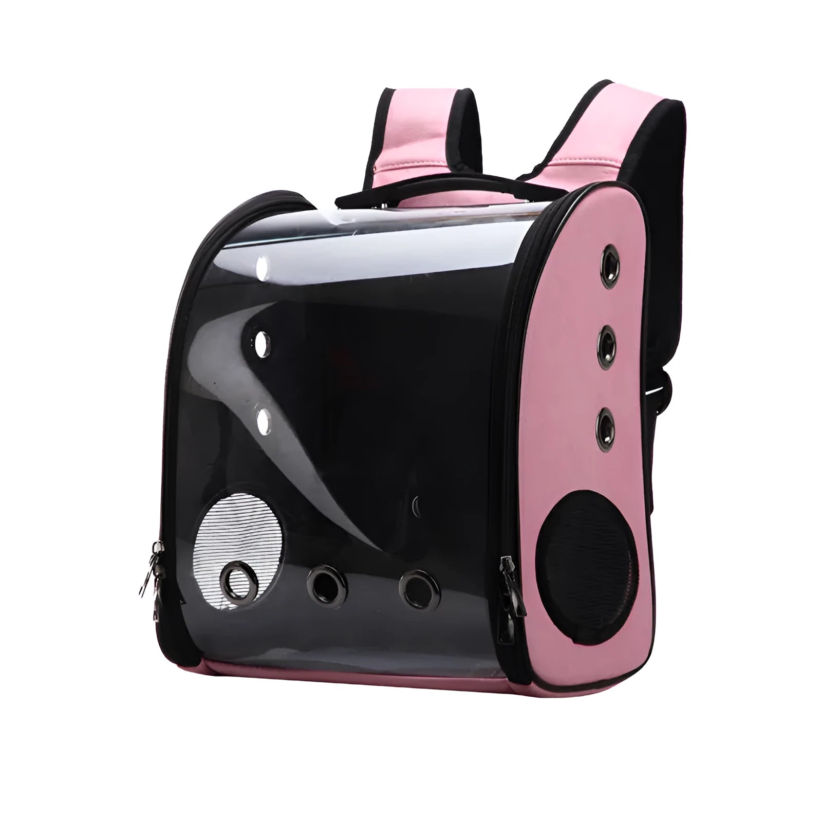 Folding transparent pet backpack for cats and small dogs in black, blue, pink, and red