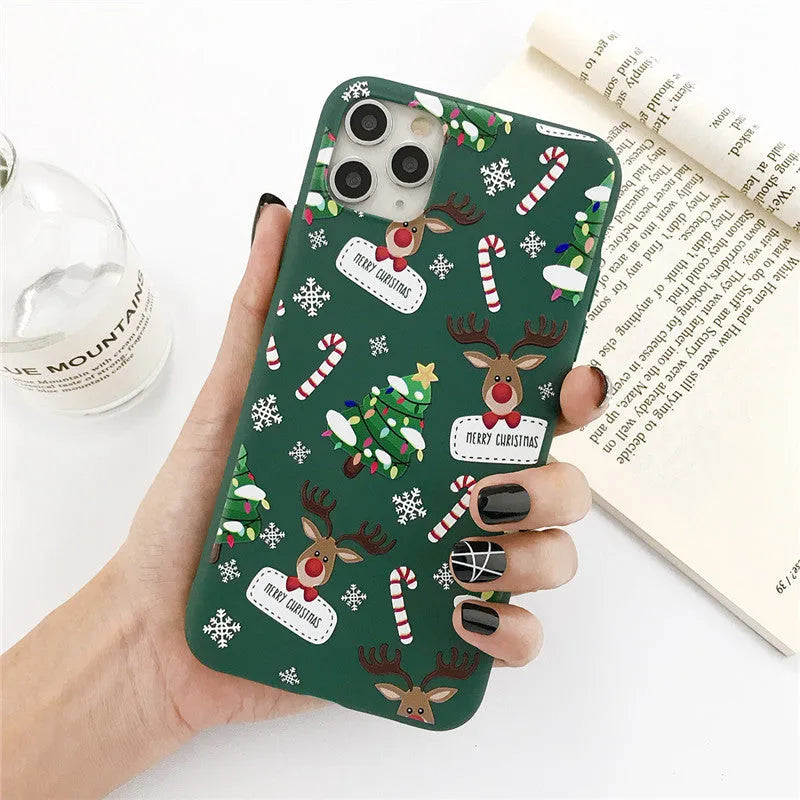 Green TPU Christmas elk phone case with cartoon tree design for iPhone models