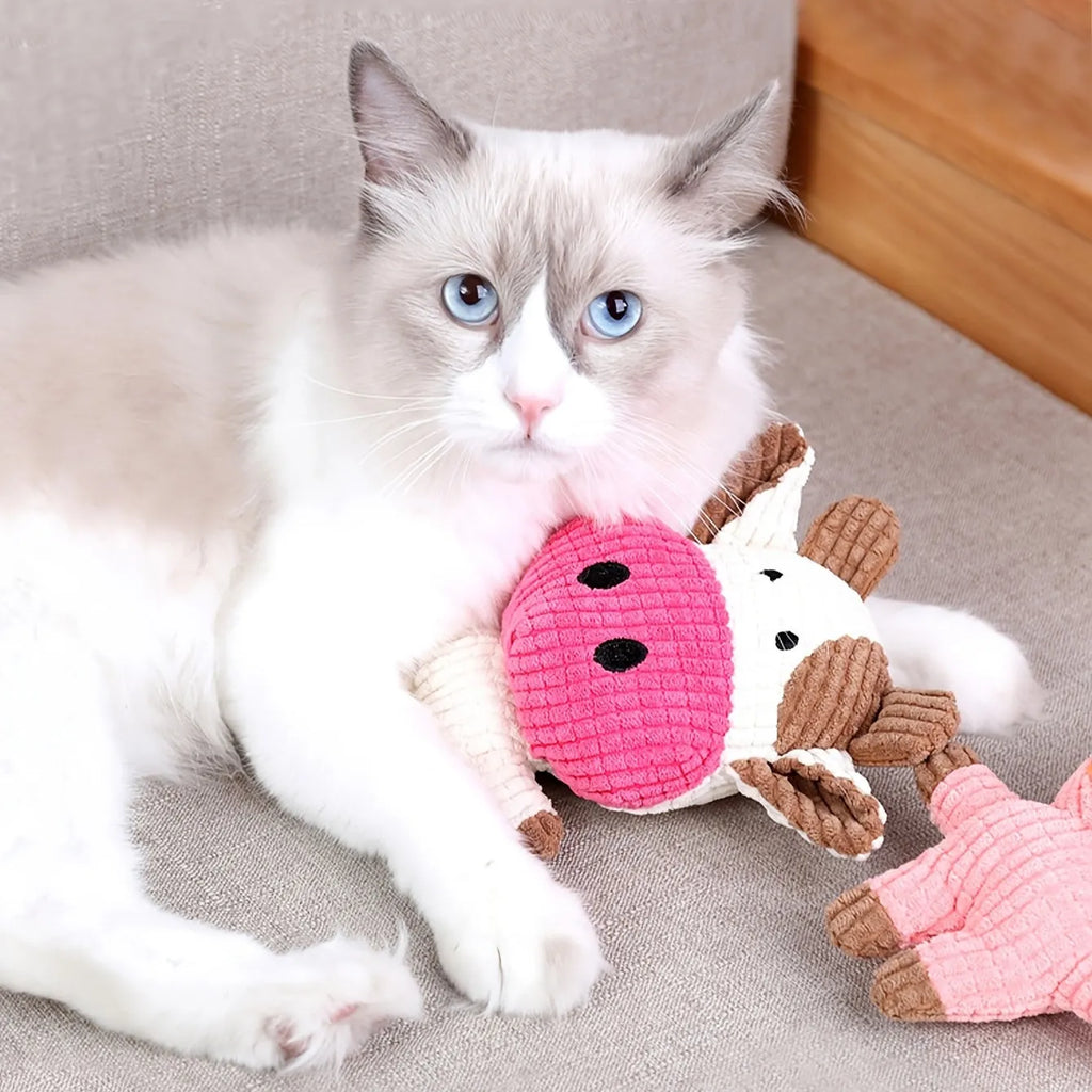 Colourful animal-shaped plush dog chew toy with squeaker for small dogs.