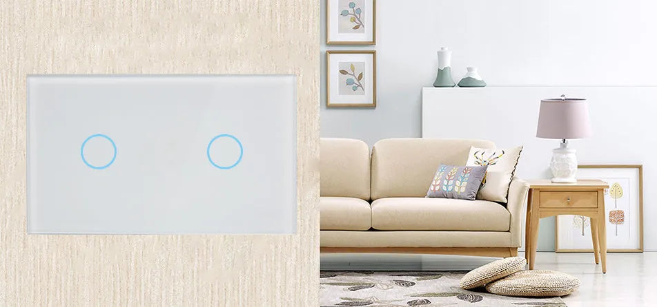 White RF wireless 2-gang touch wall switch with tempered glass panel and LED indicators