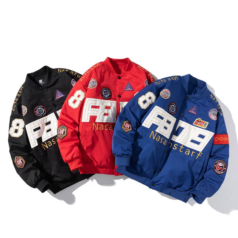 Black American motorcycle baseball uniform jacket with side pocket, shown in loose fit