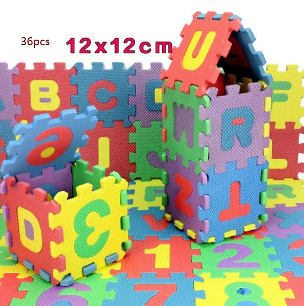 36-piece colourful foam puzzle mat set with removable alphabet and numbers, each tile 12cm x 12cm