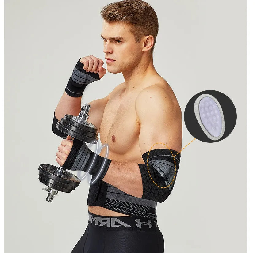 Nylon sports protective gear set with ankle brace, elbow pads, palm guard, and waist support on white background