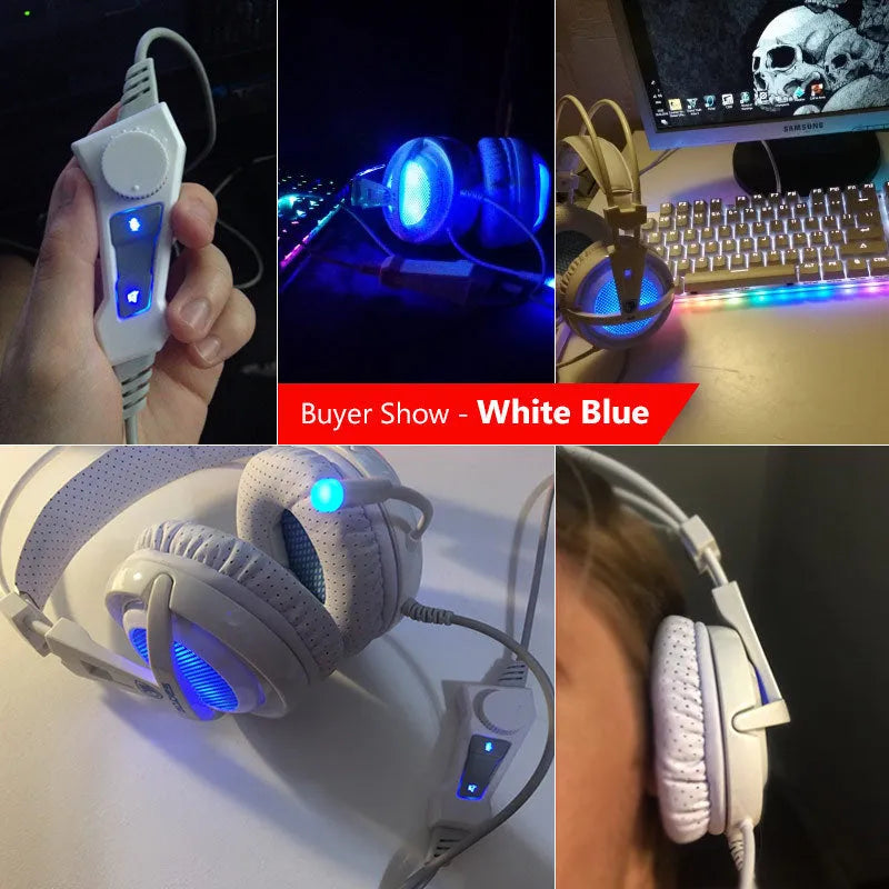 Black and white 7.1 USB gaming headset with RGB LED lights and padded ear cushions.