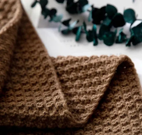 Nordic fringe knit ball acrylic blanket measuring 130×170cm in beige colour