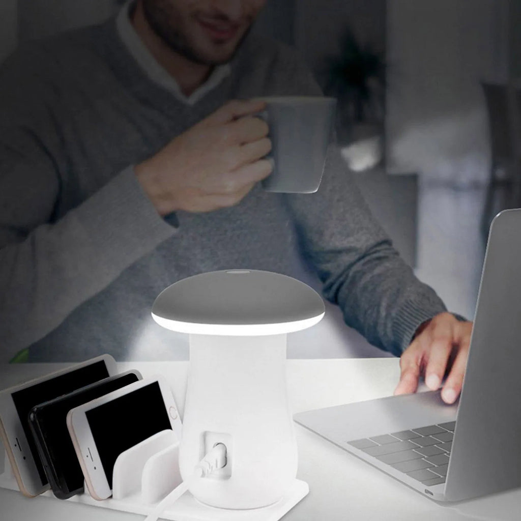 Besegad Mushroom shaped white USB charging dock station with 5 ports and built-in soft LED night light