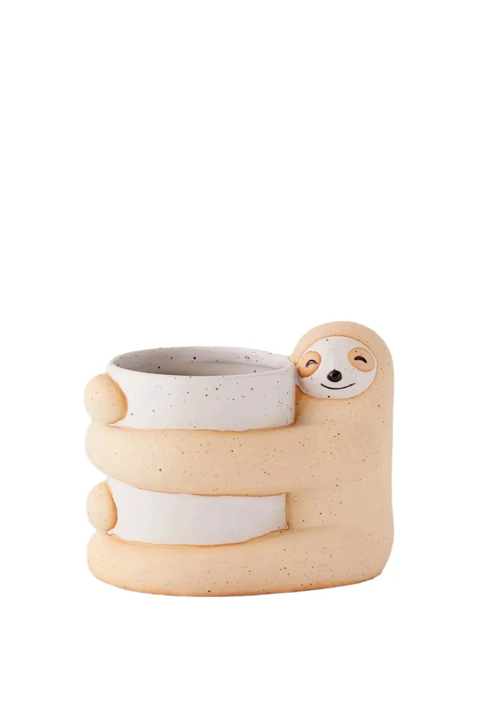 Green ceramic sloth plant pot medium size 9cm diameter on white background