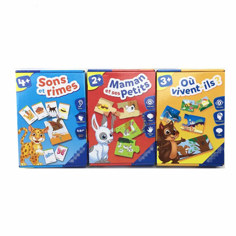 French children's puzzle toy with 24 thickened paper pieces for matching words and pictures
