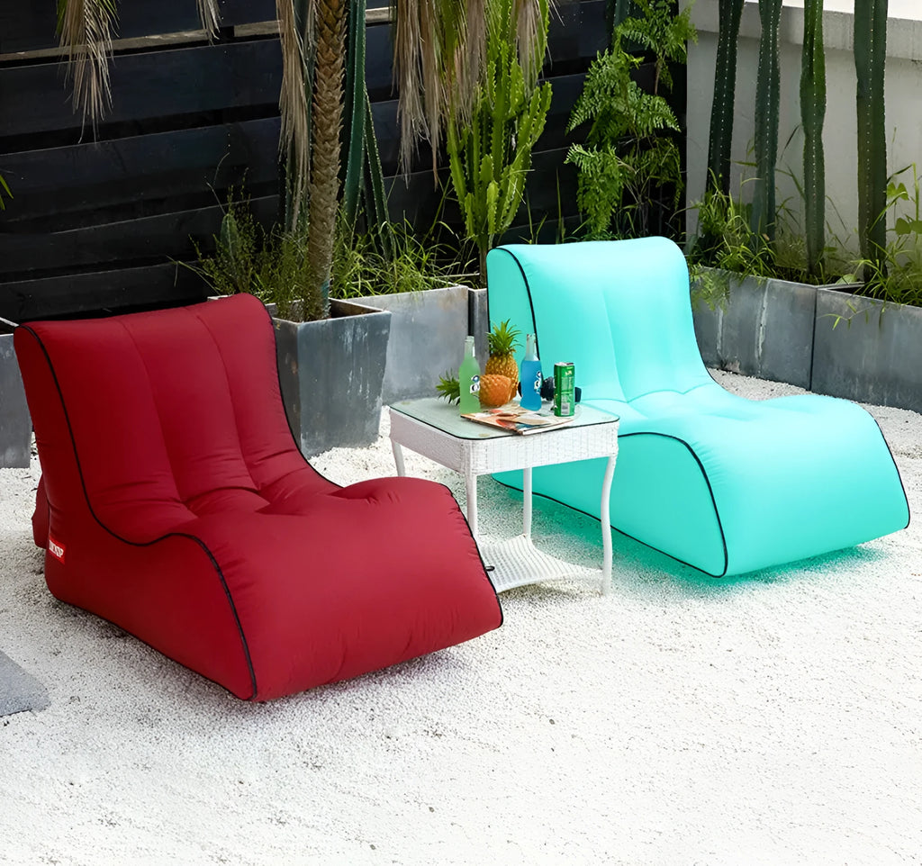 Portable inflatable air sofa in black, 210T nylon, 200KG load, 0.94KG, 5-second inflation, U-shaped support.
