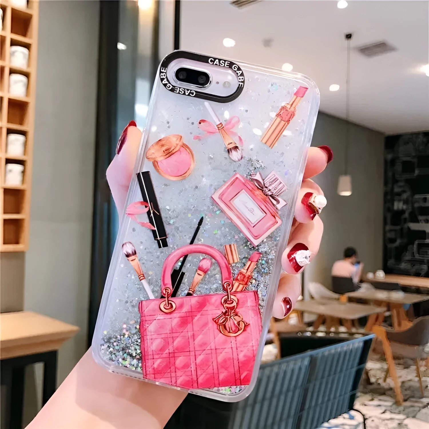 Pink compatible iPhone liquid quicksand cosmetic makeup case with TPU and silicone