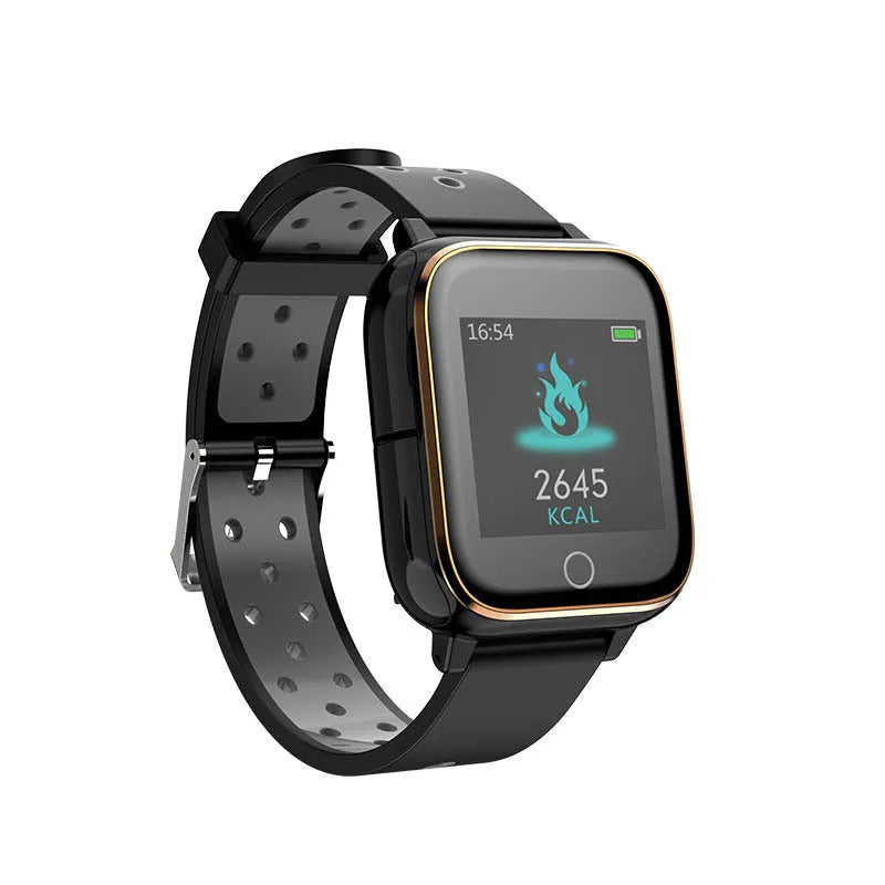 Black smartwatch with detachable Bluetooth earbuds stored in the watch case.