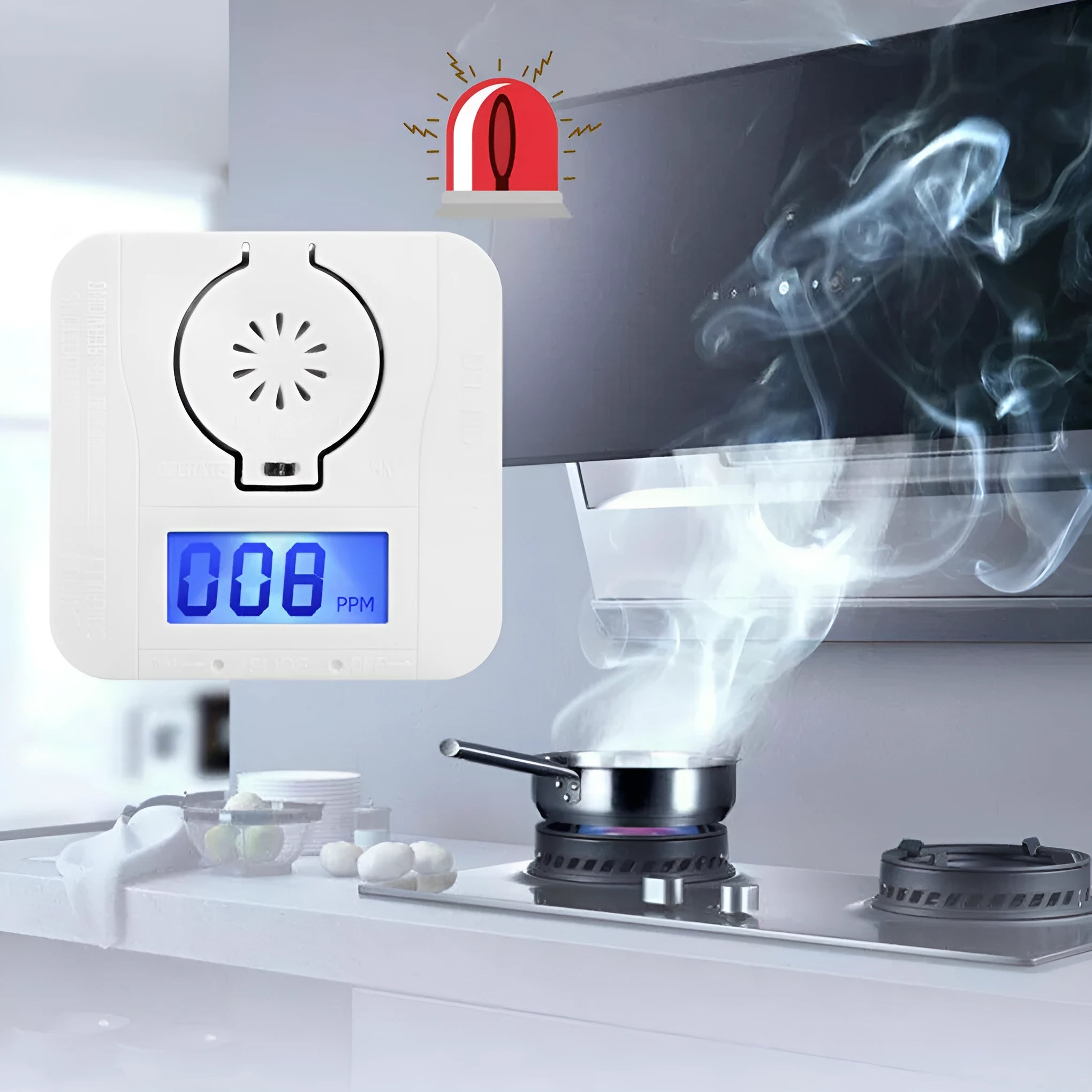 White wireless carbon monoxide alarm for wall mounting with 1.5-metre detection distance