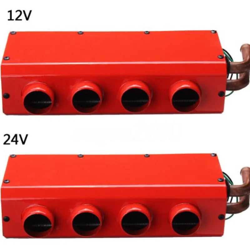 Metal car heater with copper pipe connector for 12V or 24V vehicle installation.