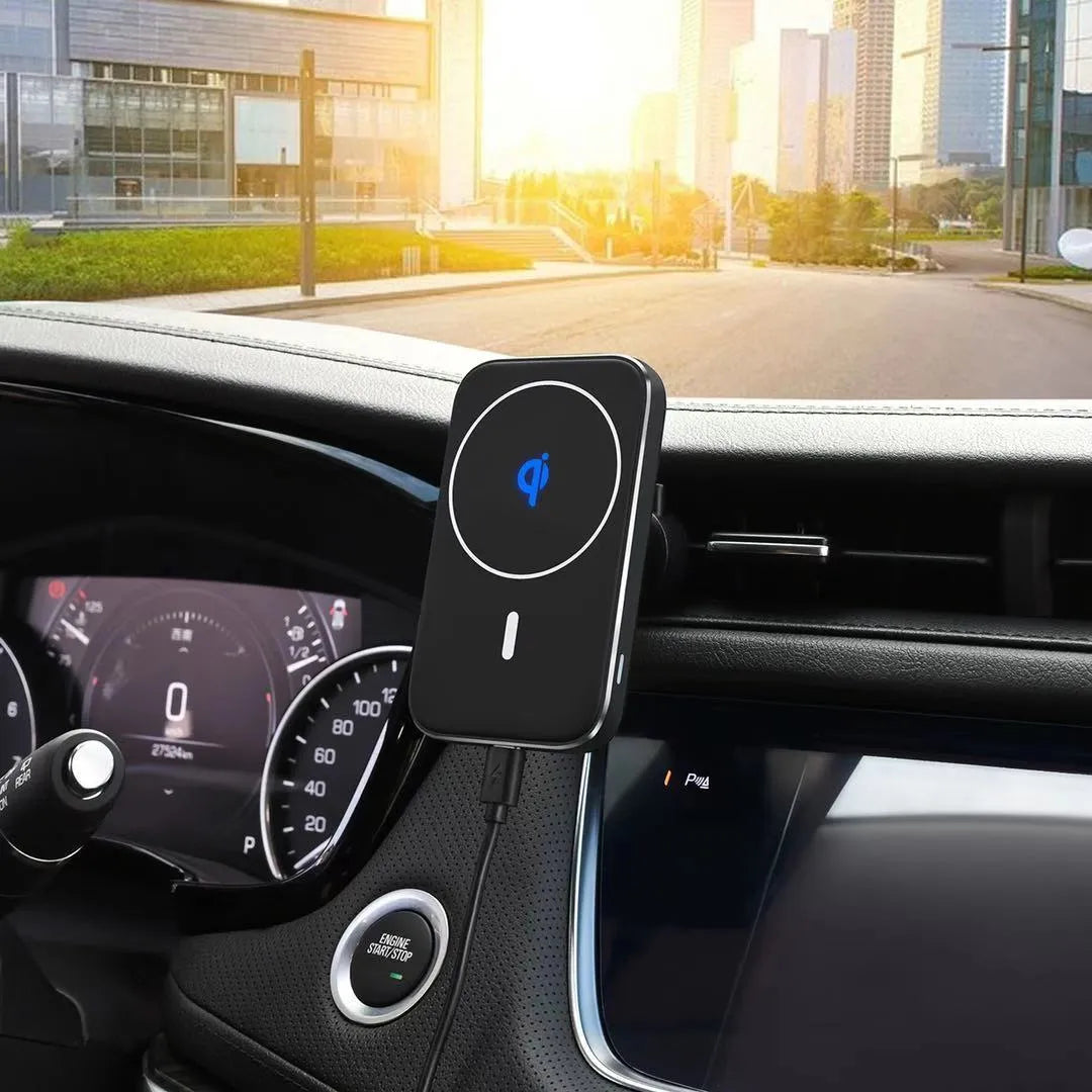 Black M6 magnetic wireless car charger with USB cable for vehicle installation