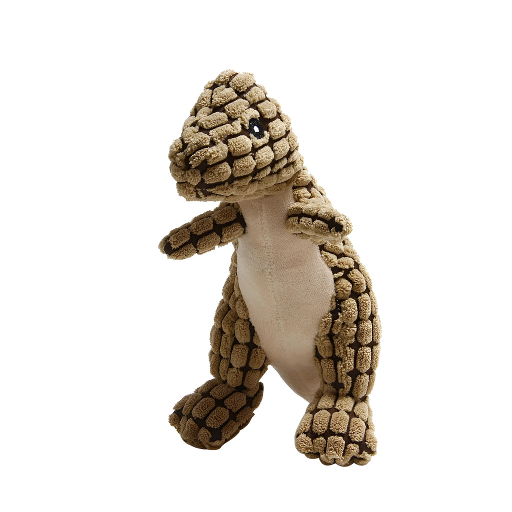 Four grey, green, and orange bite-resistant dog toys with sound features on a white background.