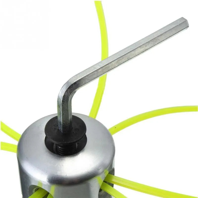 Silver aluminium grass head with four light yellow square grass rope strands and installation wrench