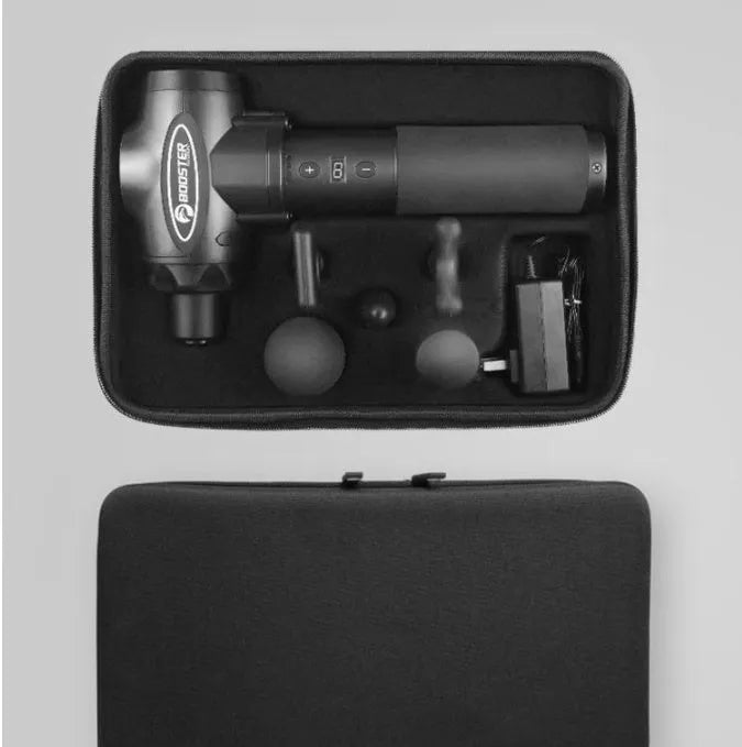 Black and white muscle massage gun with a 12mm stroke on a grey background