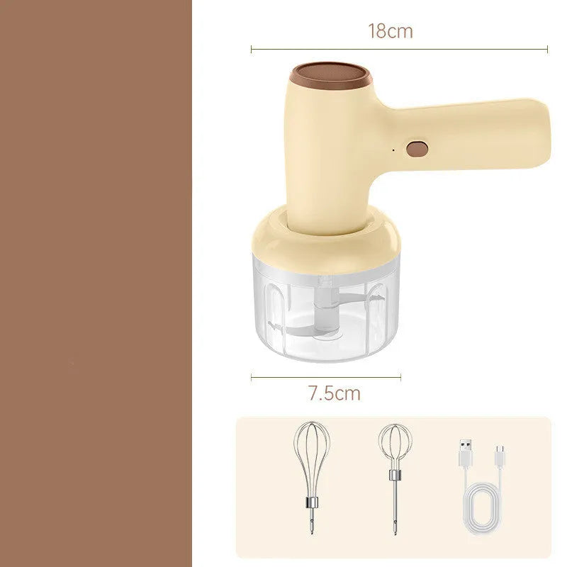 Beige yellow USB rechargeable electric garlic chopper with 250ml cup and 304 blade on a kitchen counter