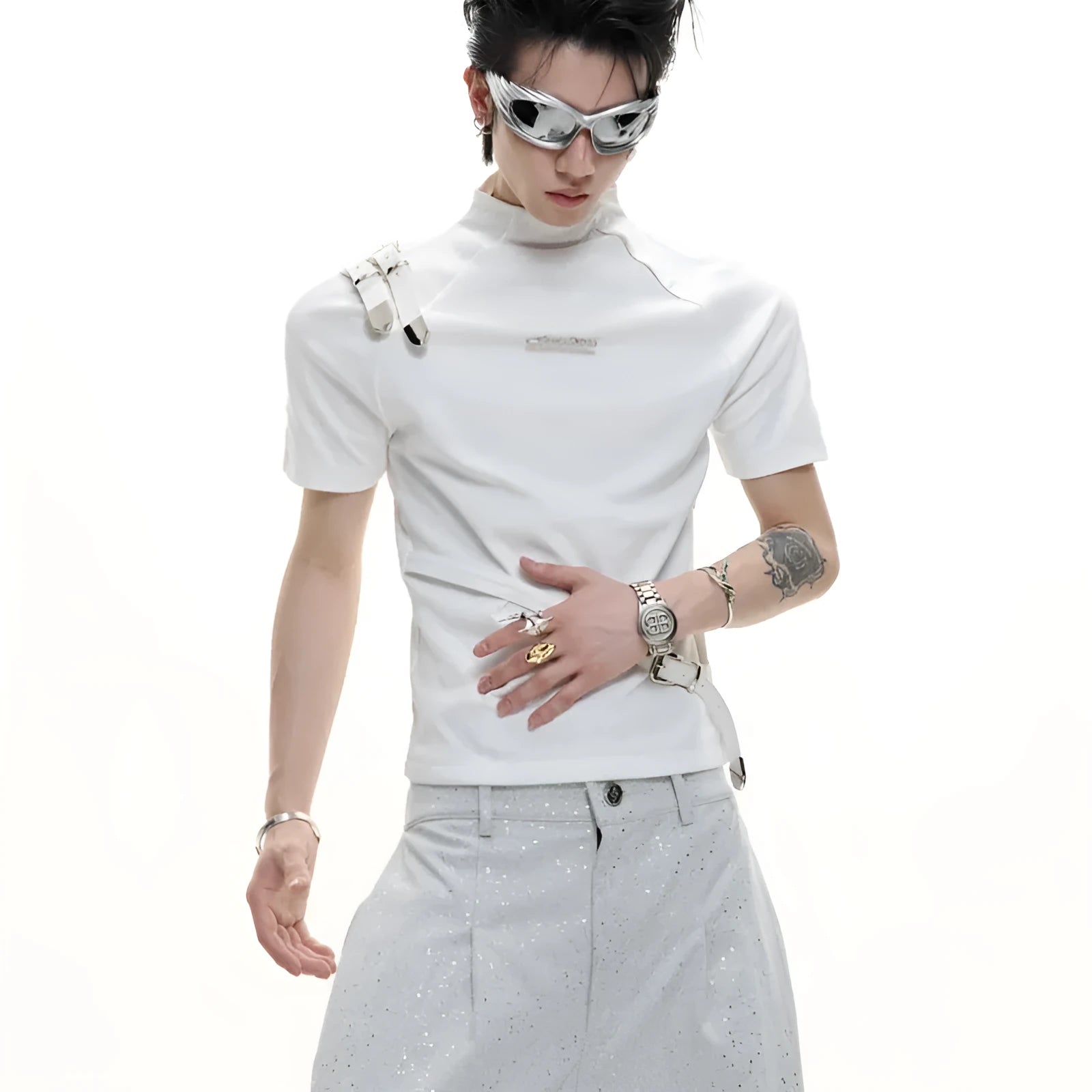 Men's black cotton T-shirt with metal belt design detail and slim fit tailoring
