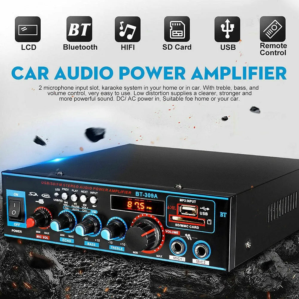 Black BT-309A-A dual-purpose Bluetooth power amplifier with remote control for home and car audio.