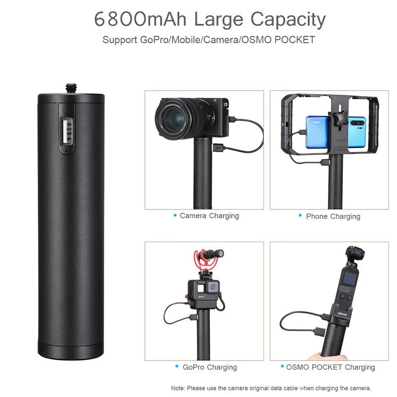 Black aluminium alloy portable charging handle with 6800mAh battery capacity, showing carry handle and compact 12.5cm by 3.2cm size.
