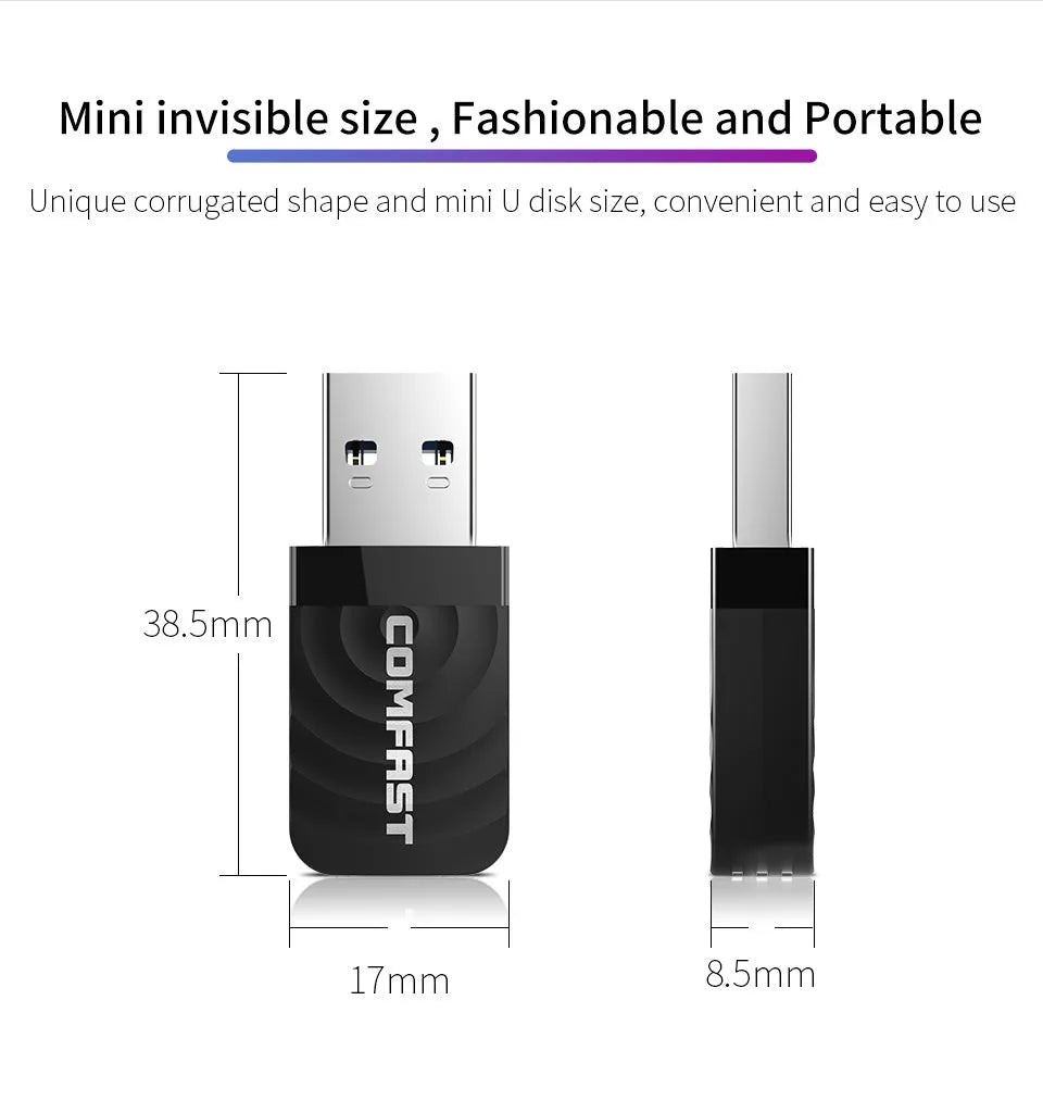 Portable WiFi USB 3.0 transmitter receiver adapter dual band 1300Mbps black compact size