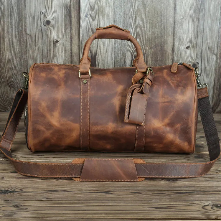 Horse leather men's travel bag in brown crazy horse cowhide finish, 50cm long