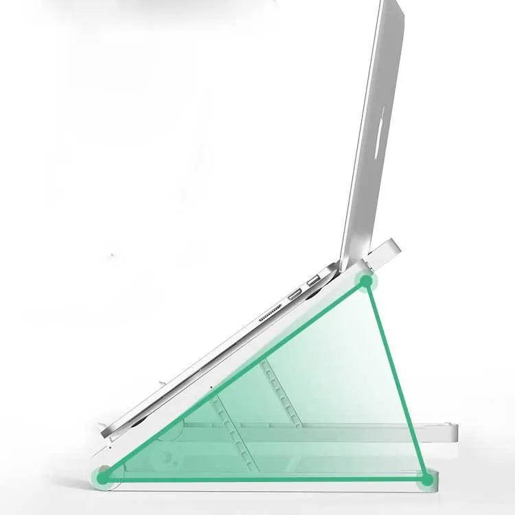 Folding plastic laptop stand desktop rack in white on a desk
