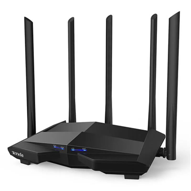 Black TP-Link AC11 wireless router showing four Gigabit Ethernet ports on the back panel.