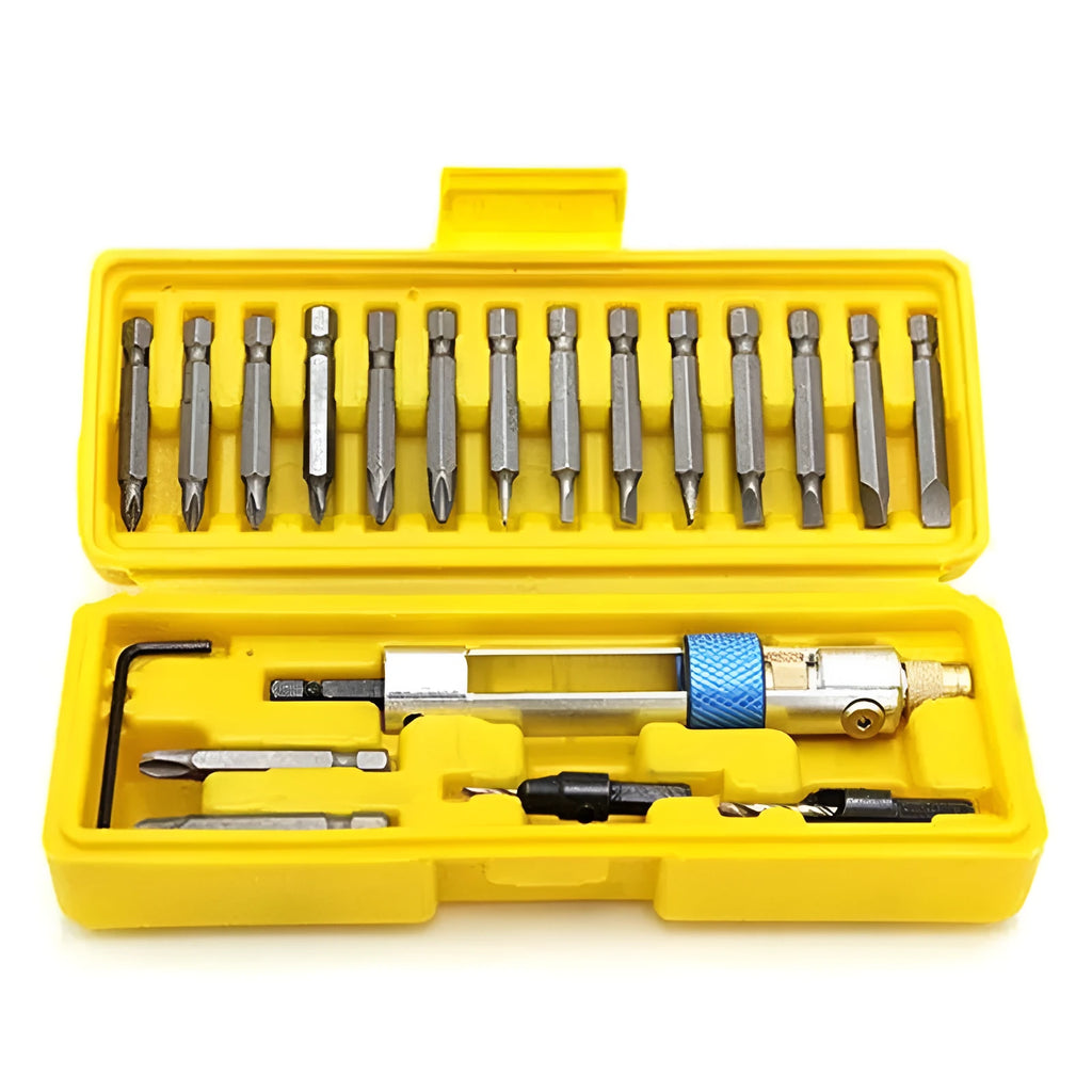 Half Time Drill driver kit with swivel head and selection of Phillips, flathead, and countersink bits