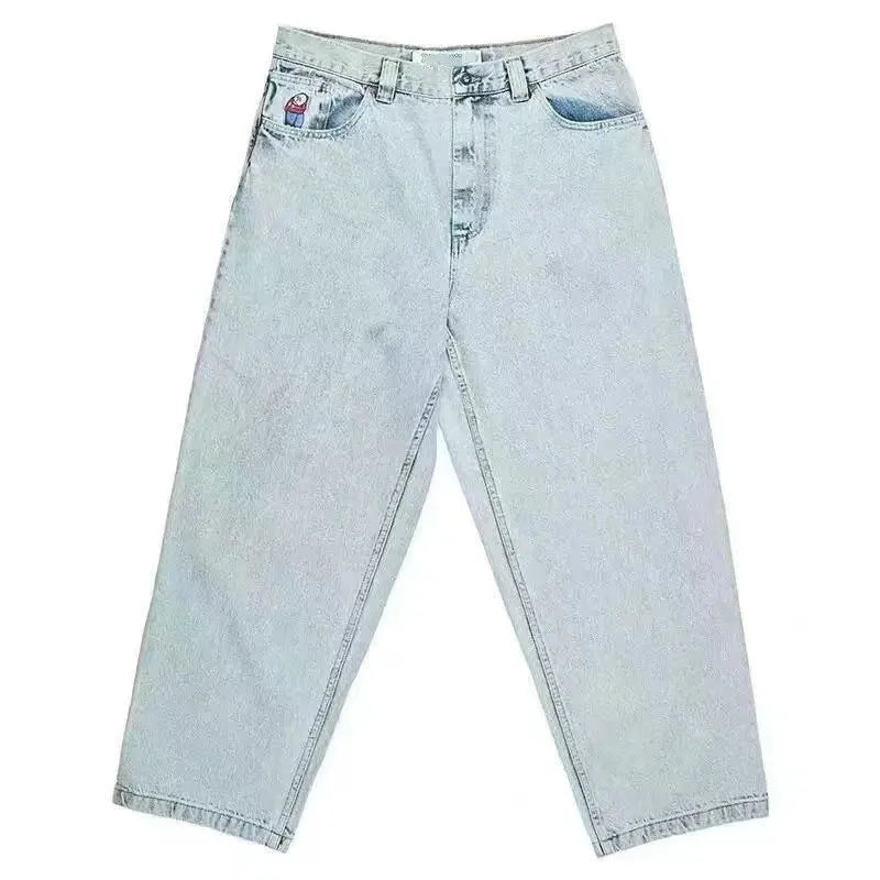 Men's straight-leg denim trousers with retro printed patterns in dark blue, shown in size M
