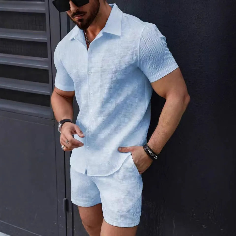 Men's summer two piece set with short sleeve shirt and shorts in cotton blend textured solid, in five colours